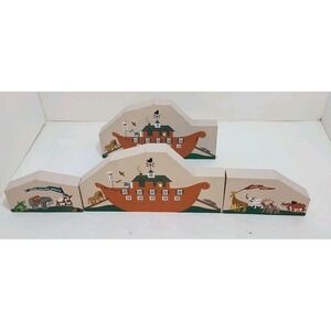 4 The Cat's Meow Village Noah's Ark 3 Piece Set + 1 Wooden Village VTG Signed